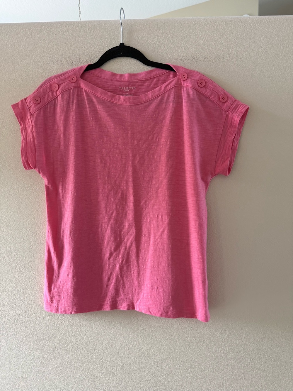 Talbots Women’s Boat Neck Pink Short Sleeve Button-Shoulder Tee